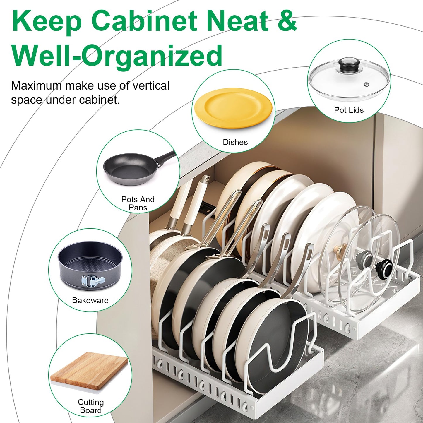 1Pc Pull Out Pots And Pans Organizer Under Cabinet With 8 Adjustable Dividers Rustproof Carbon Steel Sliding Pots Holder For Kitchen Cookware Bakeware Pots Lids Storage