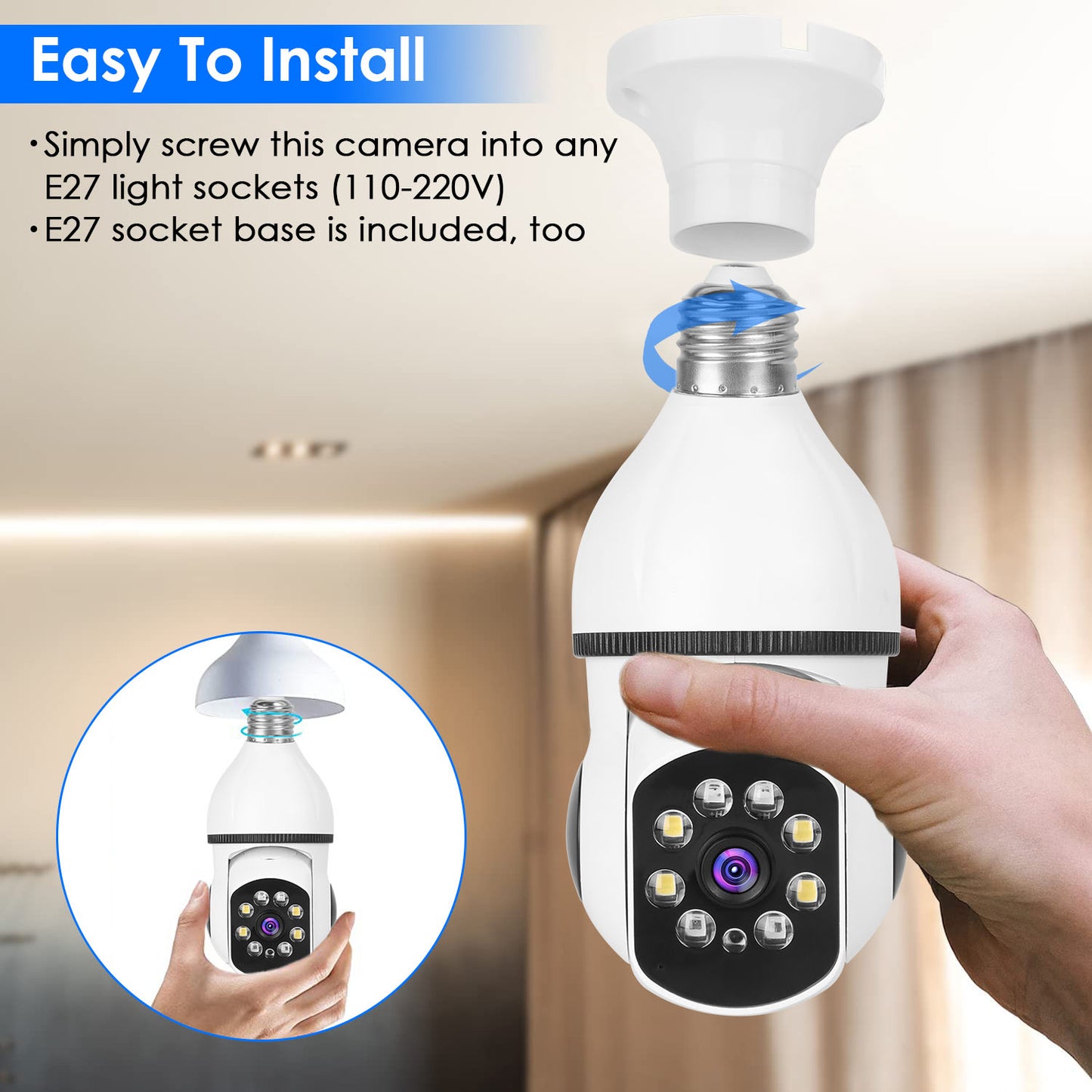 1Pc E27 WiFi Bulb Camera 1080P FHD WiFi IP Pan Tilt Security Surveillance Camera With Two-Way Audio Full Color Night Vision Flood Light Motion Tracking Siren Function APP Control