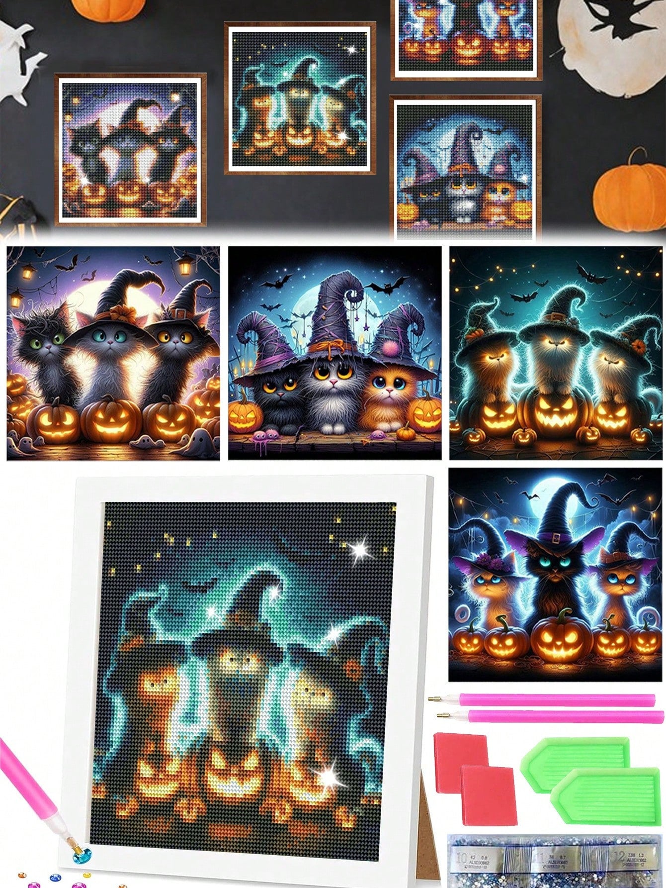 4-Piece Black Cat Diamond Painting Set, Suitable For Adult Beginners, 12x12 Inch Full Drill DIY Cute Cat Gem Art Painting, Gem Dot Craft - Ideal For Home Wall Decor