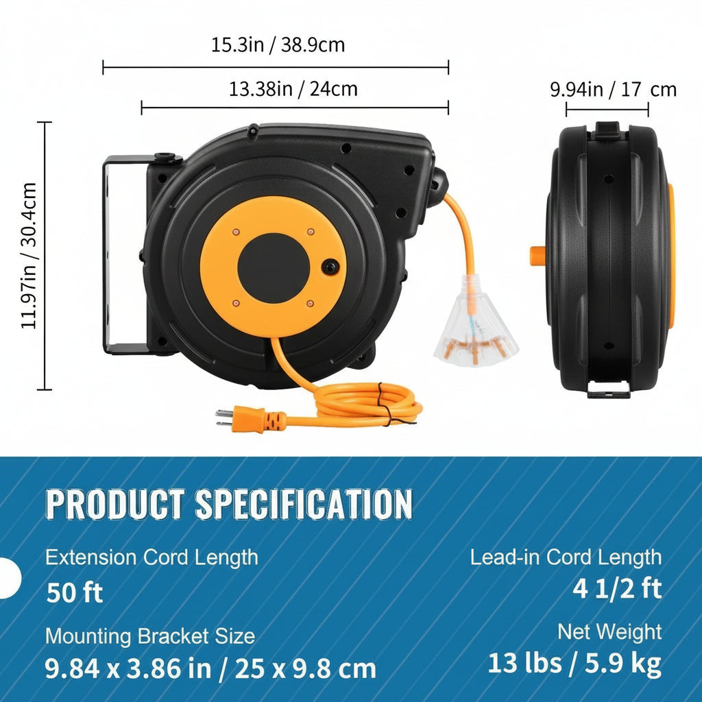 50ft Retractable Extension Cord Reel 14AWG 3CSJTOW Power Cord Reel
