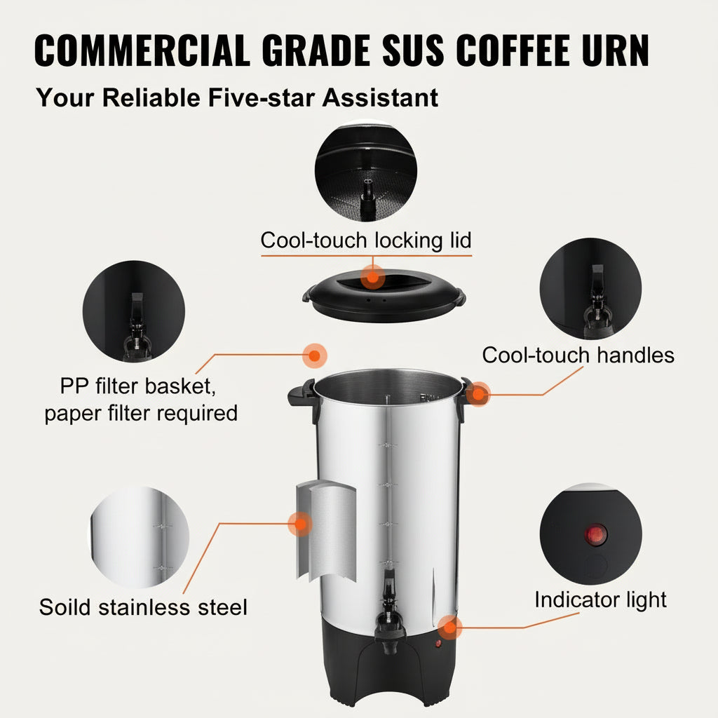 Commercial Coffee Urn 50 Cup Stainless Steel Coffee Dispenser Fast Brew