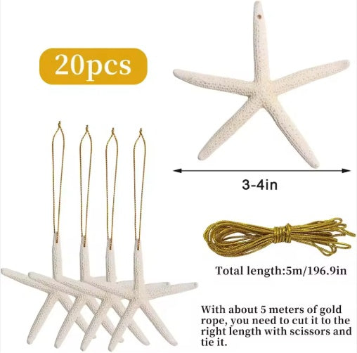 20 PCS Christmas Starfish Hanging Ornaments 3-4'' Natural Starfish With Rope