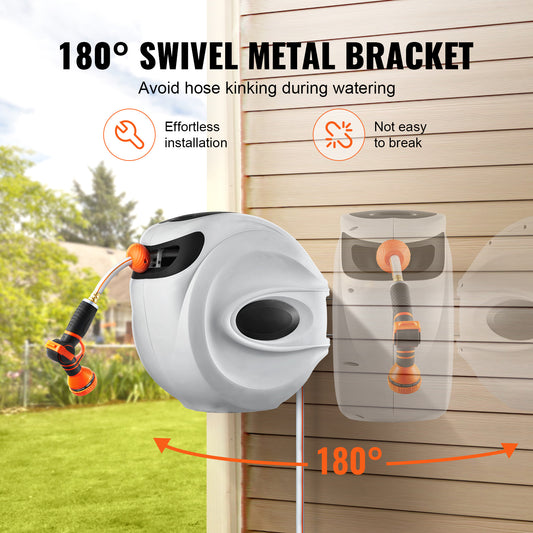 VEVOR Super Brand Day, VEVOR Retractable Hose Reel, Various specifications, 100'x1/2" 180° Swivel with 9-Pattern Nozzle, Automatic Rewind, Lock at Any Length, Slow Return System