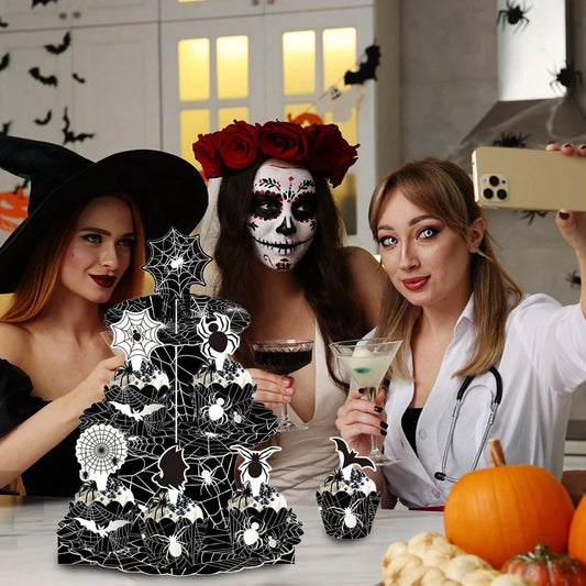 Halloween Three-tier Cupcake Stand, Halloween Dessert Table Display Stand, Black Spider Web Cardboard Cupcake Stand, Comes With Spider And Bat Cupcake Decorations, Cupcake Tray, Suitable For Halloween