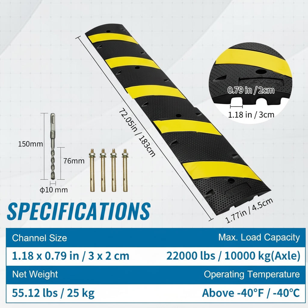 72'' Rubber Speed Bump 2 Channel 22000 Lbs Load Heavy Duty Speed Hump