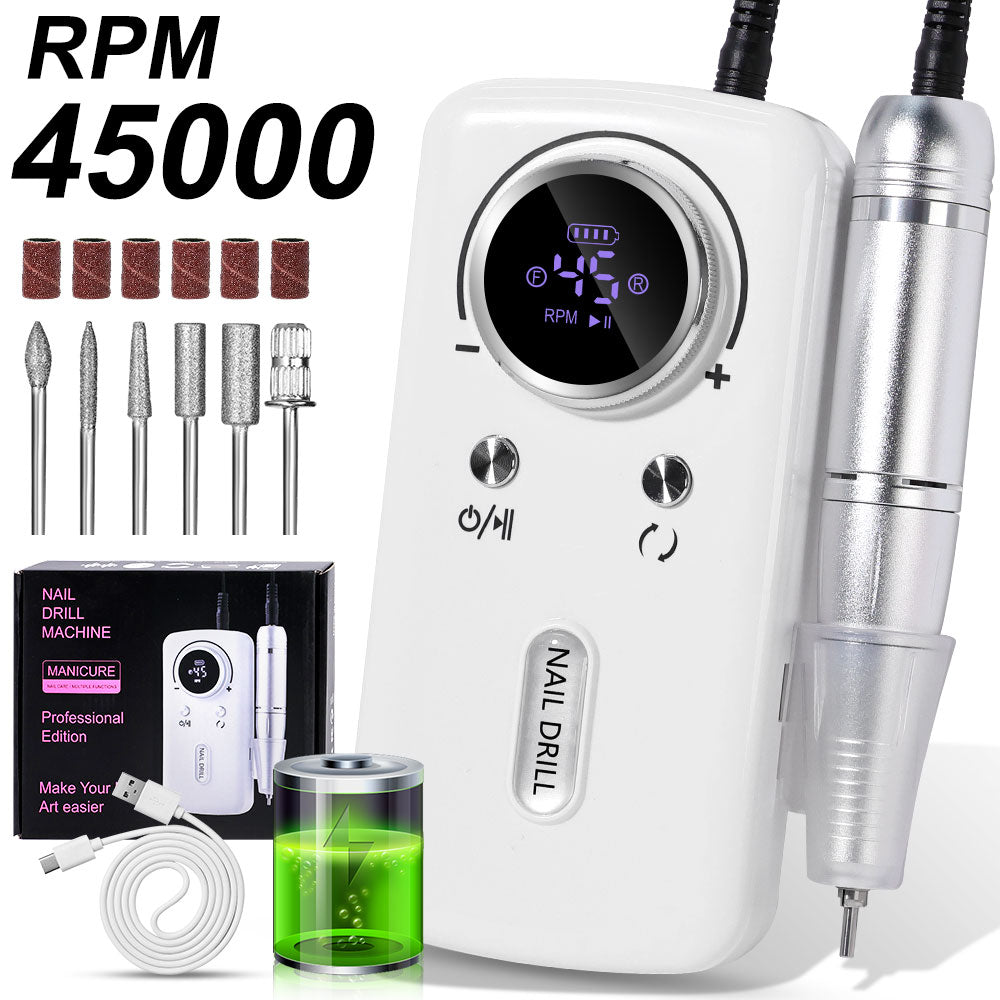 Professional Electric Nail Drill, 45000RPM Cordless Nail File Drill With 6 Drills, LCD Display, Nail File Machine For Removing Acrylic Gel Nails, Nail Salon Equipment, Rechargeable