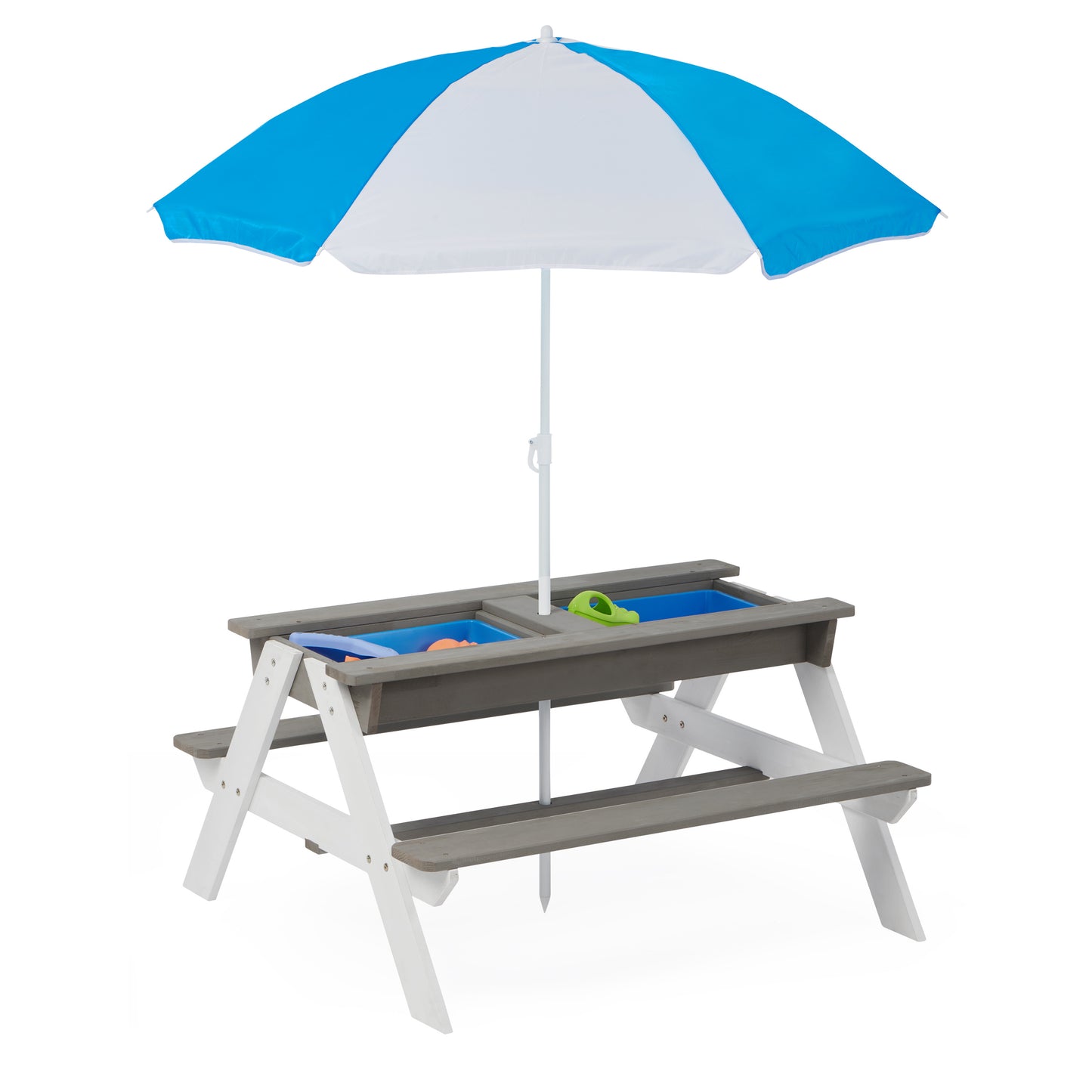3-in-1 Children's Outdoor Wooden Picnic Table With Umbrella, Convertible Sand And Water, And 7 Plastic Toys