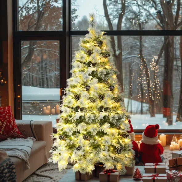 6FT Pre-Lit Spruce Snow Flocked Christmas Tree With Pine Cones, Artificial Xmas Tree With 403 Branch Tips,Mixed PE PVC Branches, 250 Multi-Color LED Lights, 11 Flashing Modes, Holiday Decor