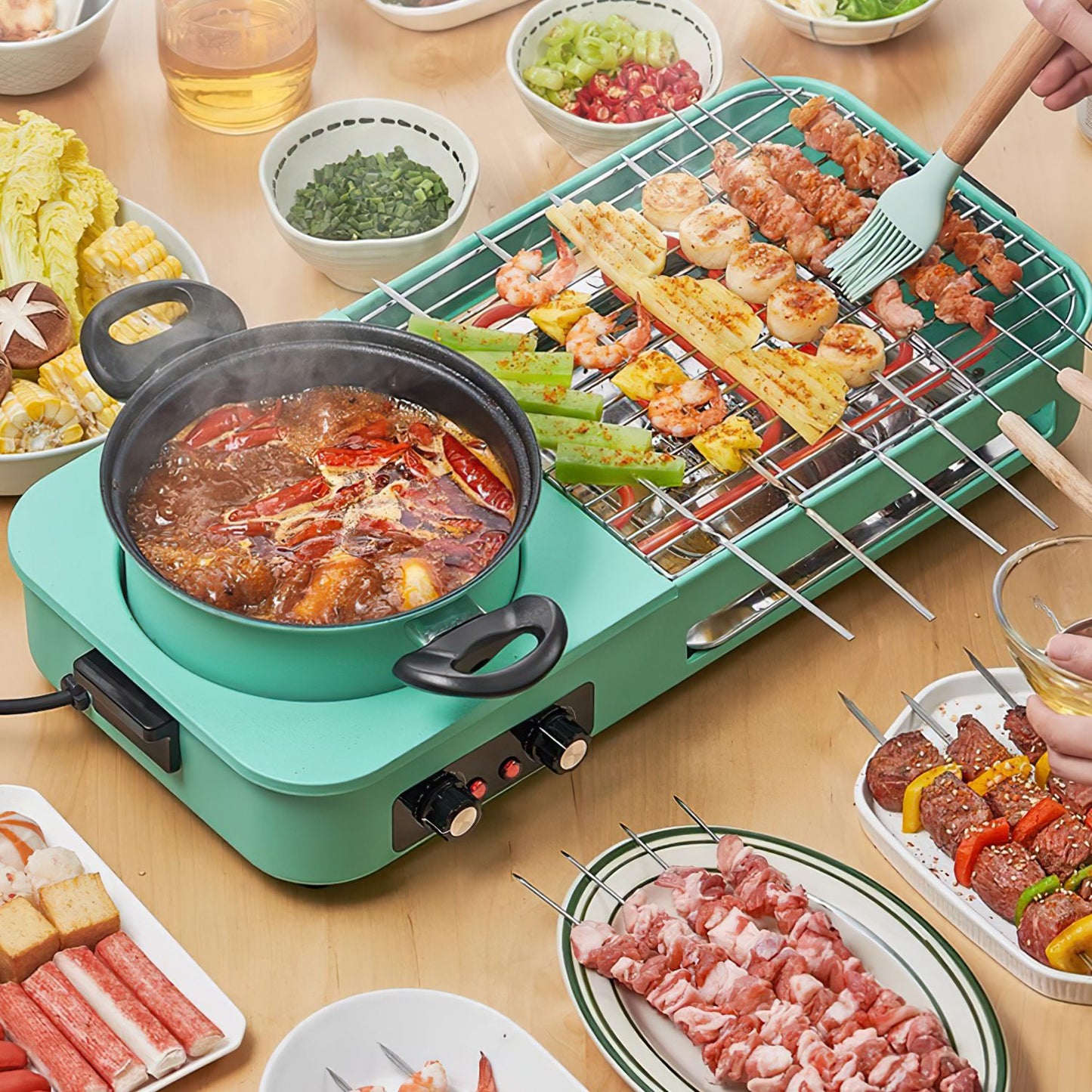 1Pc 3 In 1 Electric Hot Pot With Grill 1600W Smokeless Non-Stick Korean BBQ Grill Shabu Shabu Hot Pot Combo With Independent Temperature Control For 3-5 People Fedex Shipping
