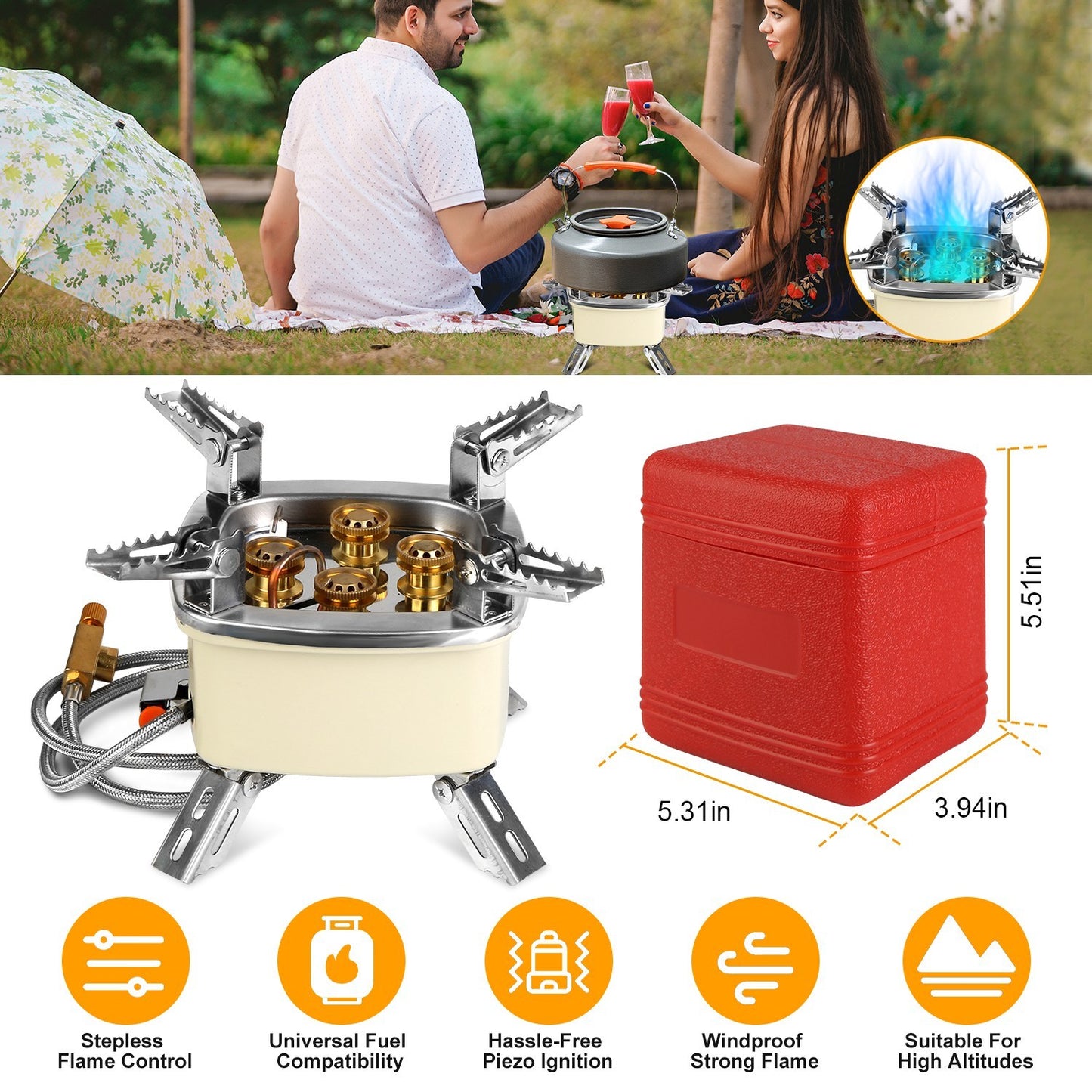 13000W Portable Windproof Camping Stove Five-head Gas Cooking Burner With Piezo Ignition Stepless Flame Control Fit For ISO-butane, Propane, Butane Fuel Tank For Backpacking Picnic Outdoor Cooking