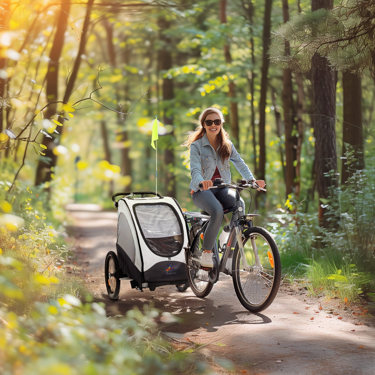 Bike Trailer for Kids 3 In1 Foldable Child Jogger Stroller Baby Stroller Transport Carrier with Shock Absorber System Rubber Tires Adjustable Handlebar Kid Bicycle Trailer White and Grey