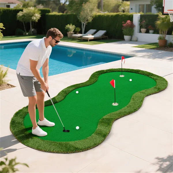 10x5ft Golf Putting Mat (Green) - 3 Real-Sized Holes+Flags, High-Density PP+PE Turf, Indoor/Outdoor Use
