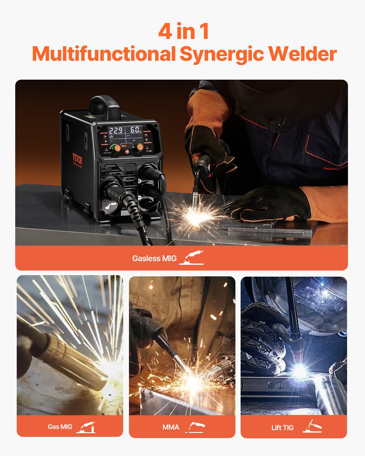 MIG Welder 200Amps Welding Machine 4-in-1 Gas MIG Flux Core MIG Stick Lift TIG