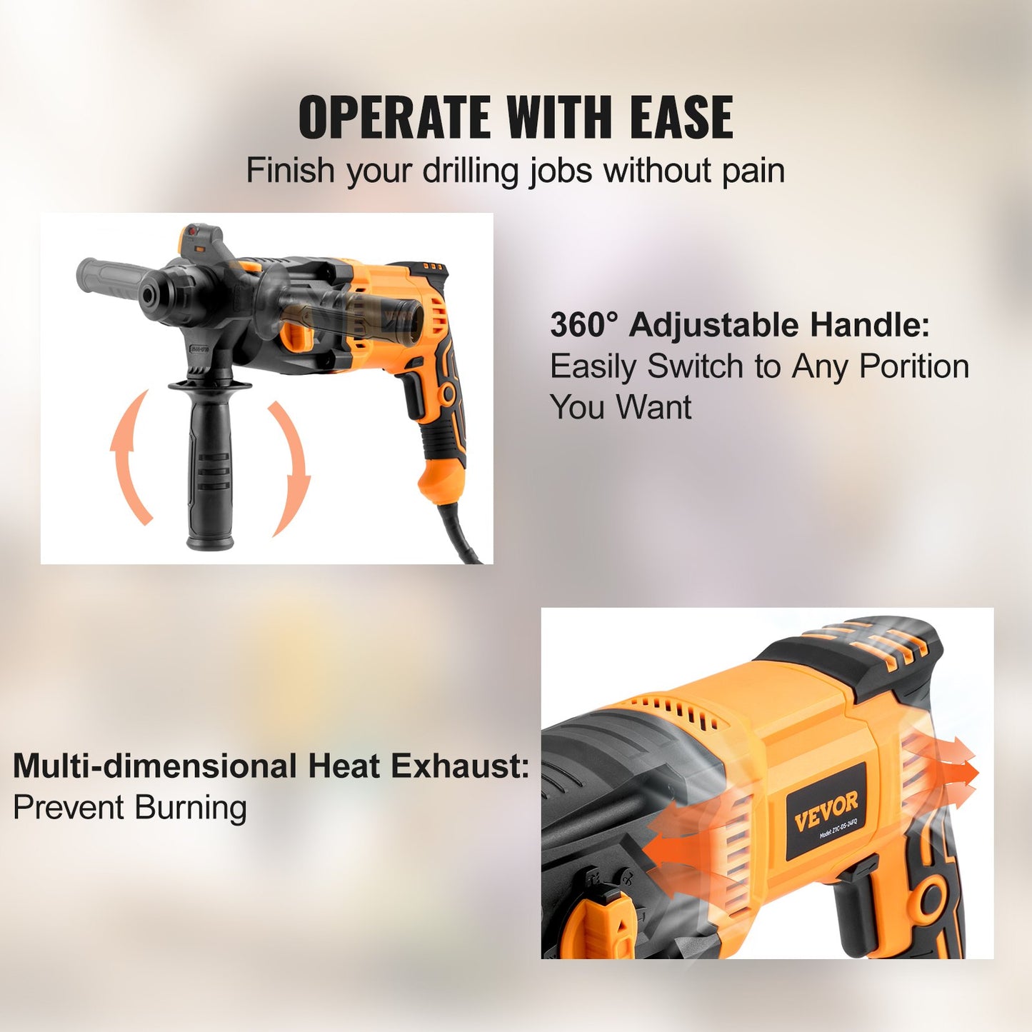 Rotary Hammer Drill Corded Drills 1' 4 Modes SDS-Plus Chipping Hammers