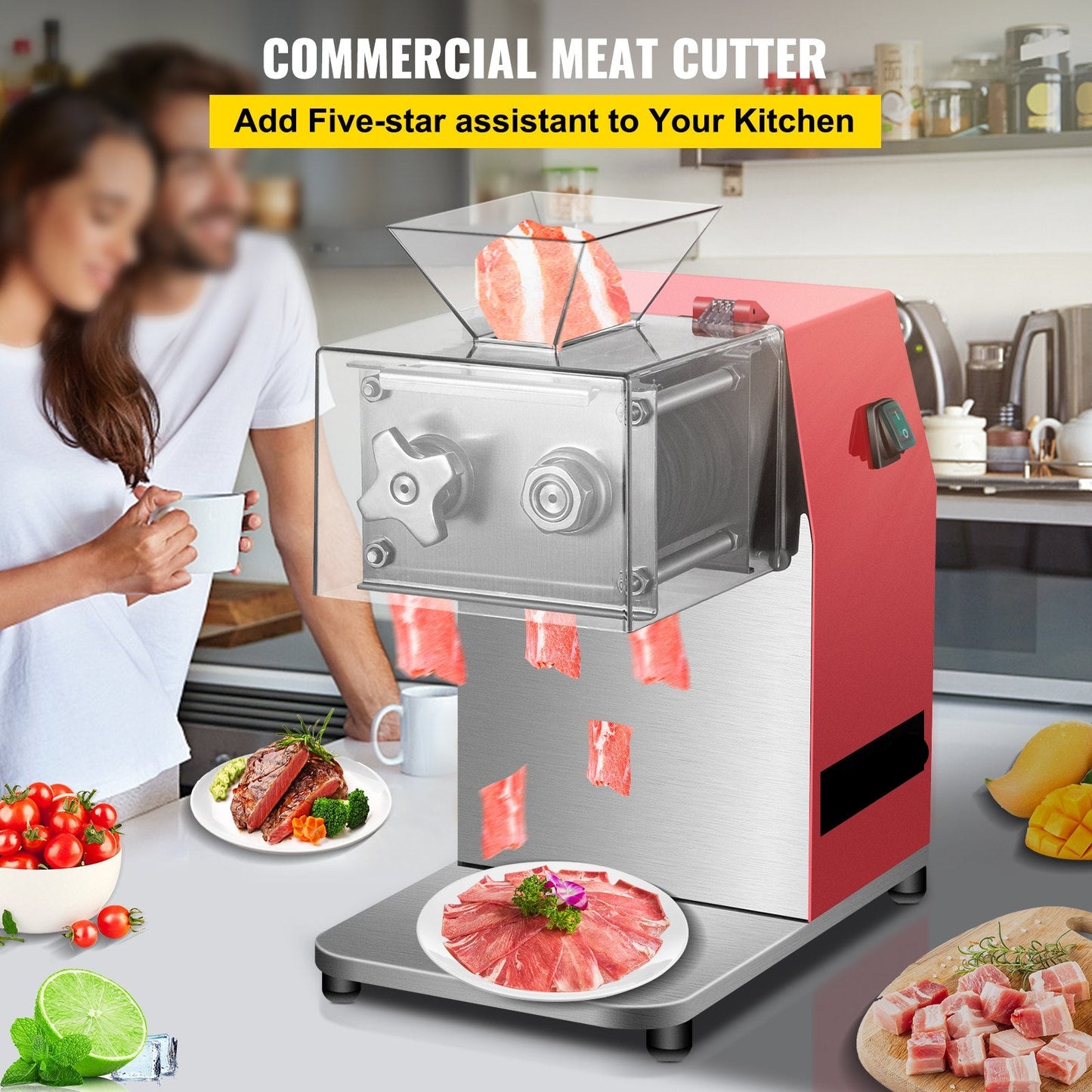 Commercial Meat Cutting Machine, 551 Lbs/H 850W Meat Shredding Machine, 3.5mm Blade Electric Meat Cutter, Stainless Steel Restaurant Food Cutter, For Kitchen Supermarket Lamb Beef Chicken, Red