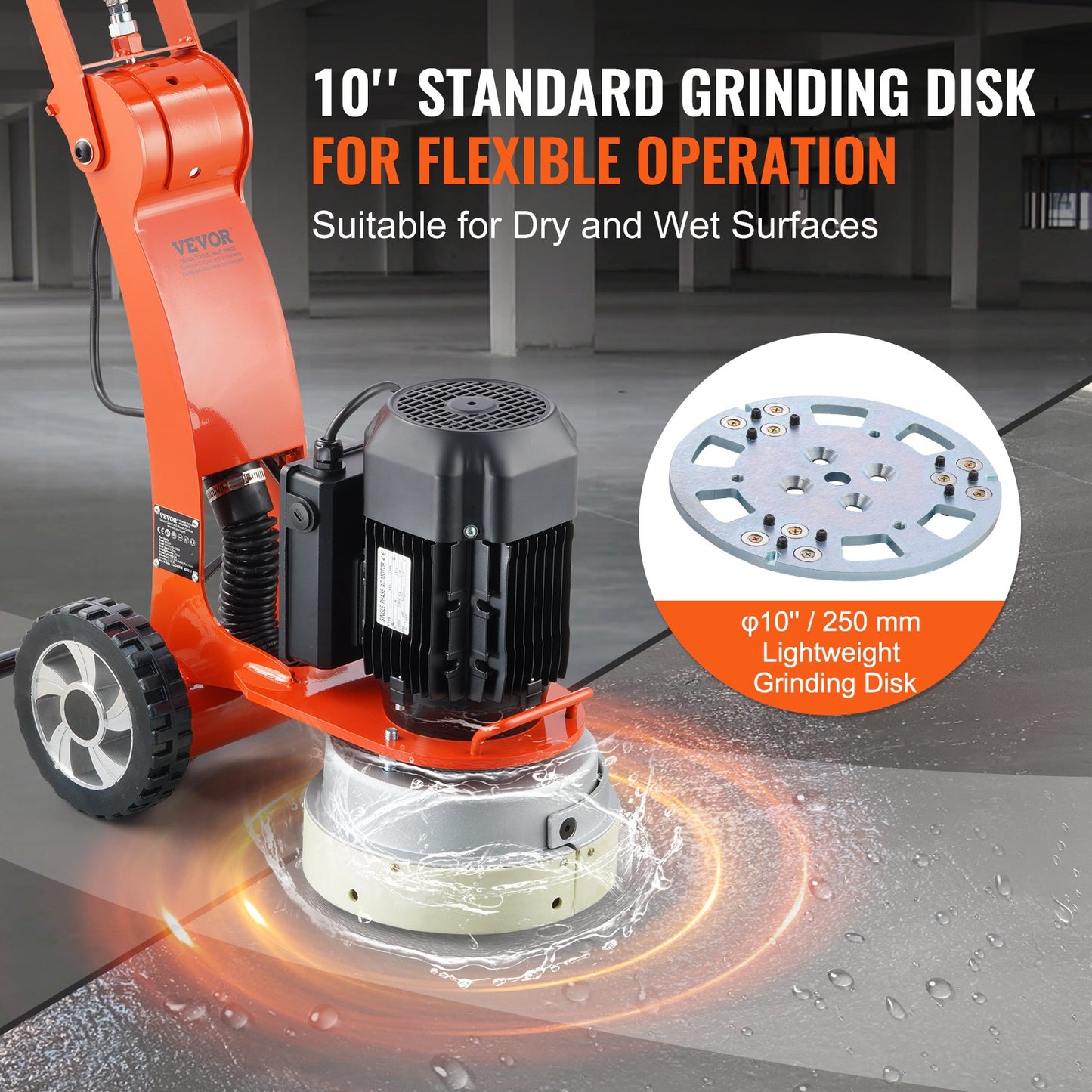 Electric Concrete Floor Grinder 10" Walk-Behind Grinder 1.7HP Concrete Floor Polisher, 1300W Grinding Machine, 1720RPM Upgrade Brushless Motor Surfacing Grinder For Granite/Marble/Stones
