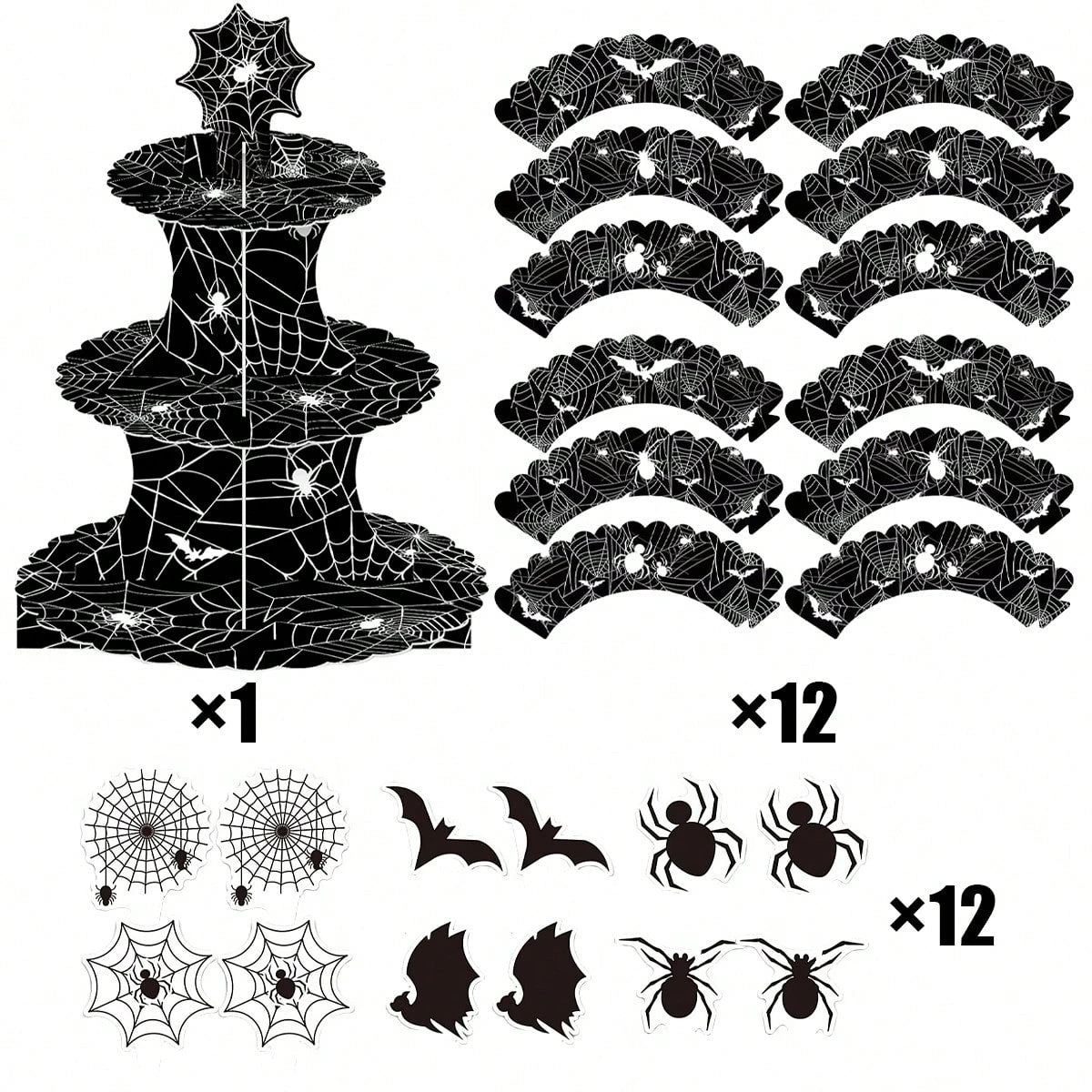 Halloween Three-tier Cupcake Stand, Halloween Dessert Table Display Stand, Black Spider Web Cardboard Cupcake Stand, Comes With Spider And Bat Cupcake Decorations, Cupcake Tray, Suitable For Halloween