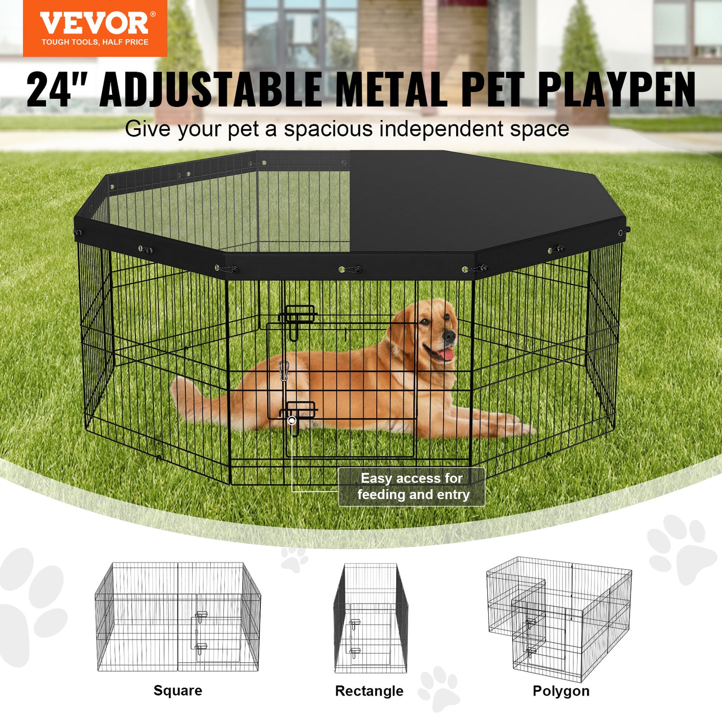 VEVOR Dog Playpen, 8 Panels Foldable Waterproof Pet Playpen Metal Dog Exercise Pen With Top Cover, 24inch H Pet Fence Puppy Crate Kennel With Ground Stakes, Indoor Outdoor Dog Pen For Small Medium Pets, For Camping, Yard