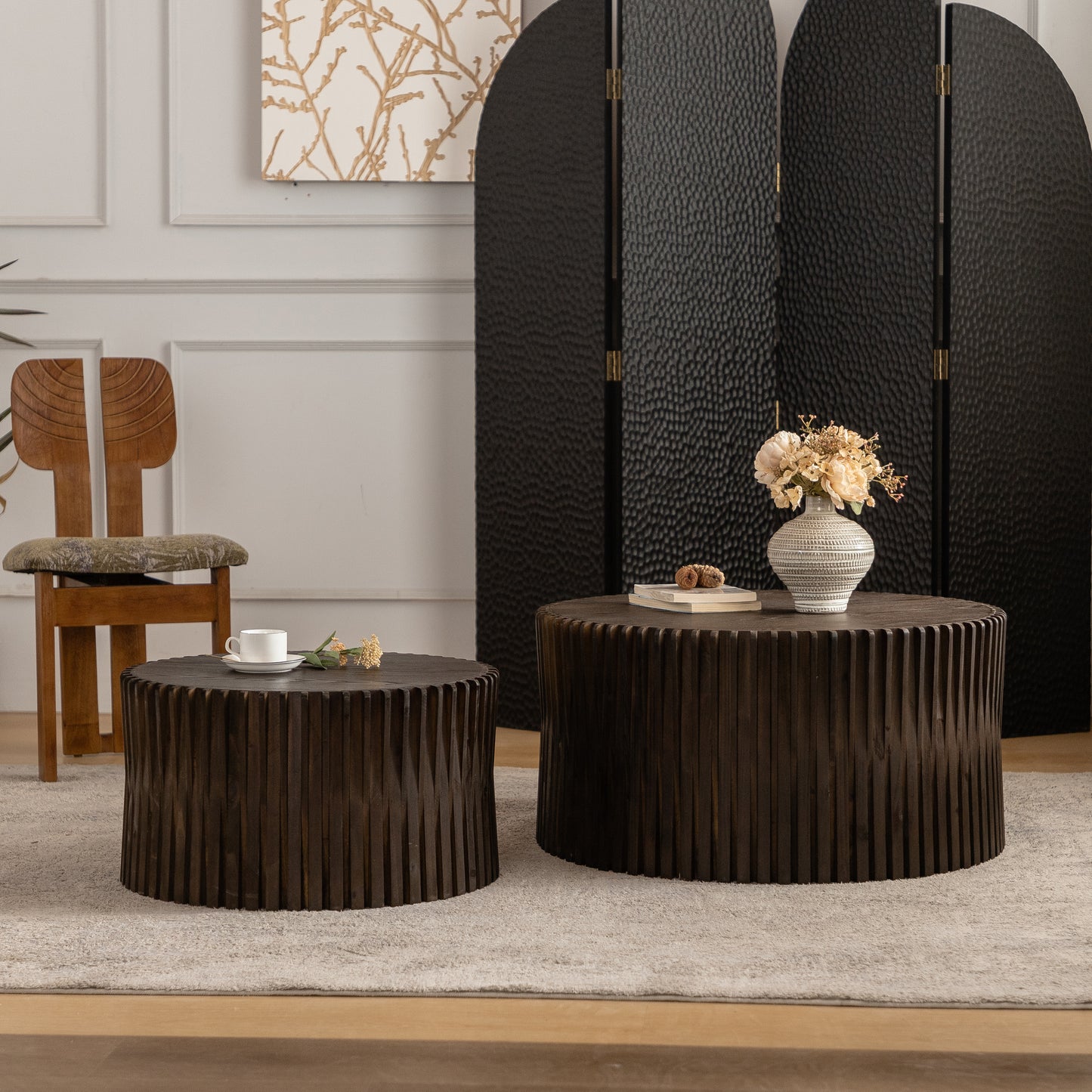 Vintage Fashion Style Cylindrical Nesting Coffee Table Set With Vertical Textured Embossed Design For Living Room, Office And Dining Room, Dark Brown Set Of 2