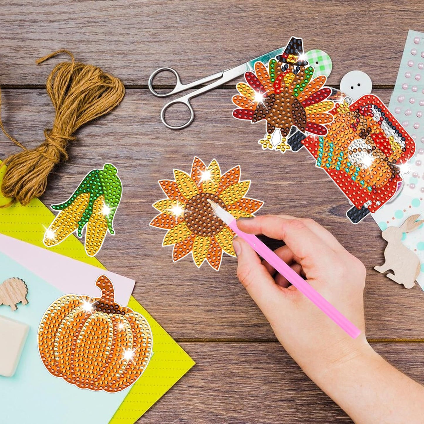 12 Packs Rhinestones Painting Art Kit Fall Pumpkin Turkey Maple Corn Design Decorative Stakes For Vase DIY 5D Rhinestones Art Craft Ornaments With Glue And Suction Cup For Thanksgiving Harvest Decor