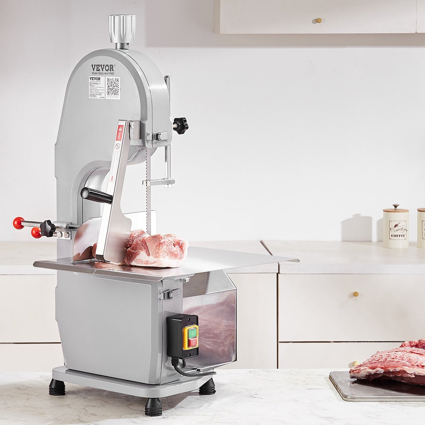 Commercial Electric Meat Bandsaw, 1500W Stainless Steel Countertop Bone Sawing Machine, Workbeach , 0.16-7.9 Inch Cutting Thickness, Frozen Meat Cutter With 6 Blades For Rib Pork Beef