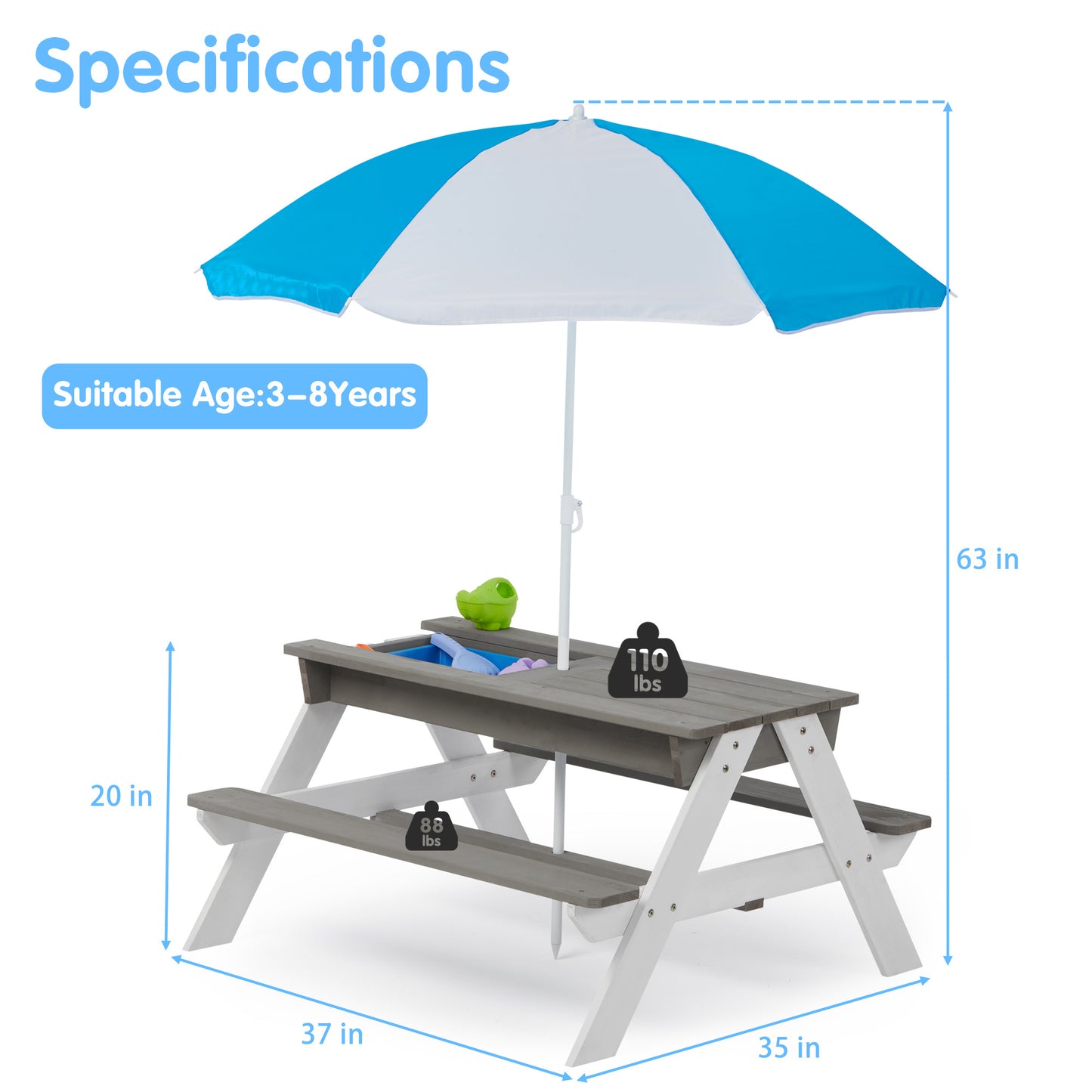 3-in-1 Children's Outdoor Wooden Picnic Table With Umbrella, Convertible Sand And Water, And 7 Plastic Toys