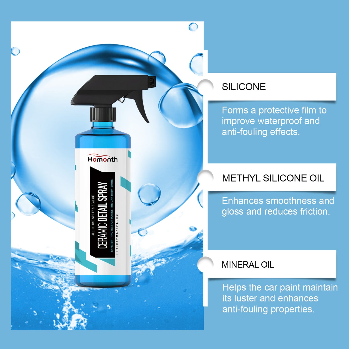 Homonth Car Ceramic Detail Spray - Car Paint Maintenance, Stain Removal, Waterproof, Transparent Coating Protection Spray