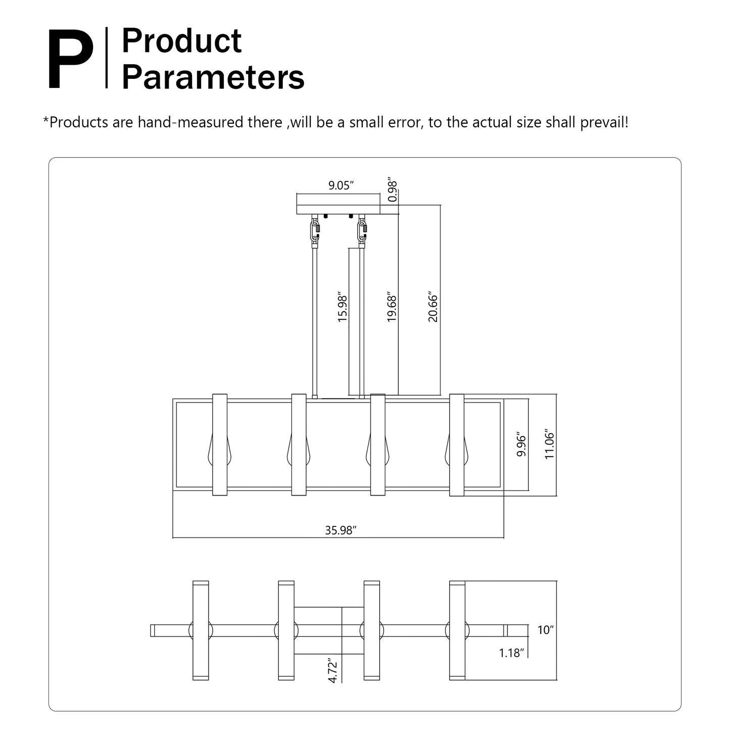 4-Light Kitchen Island Lights Pendant Light Farmhouse Dining Room Light Fixture, Rustic Wood And Black Metal Rectangular Chandelier, Hanging Lighting For Living Room,Conference Room, Home Office