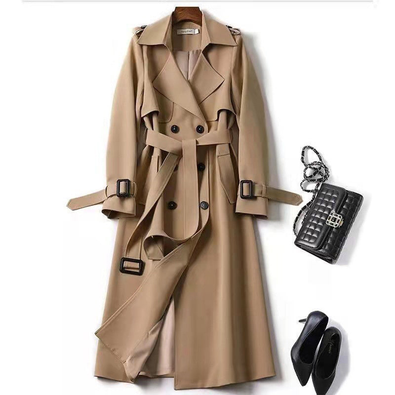 Women's Classic Trench Coat, Solid Color Long Sleeve Belted Mid-Length Jacket With Button Detail For Spring And Fall