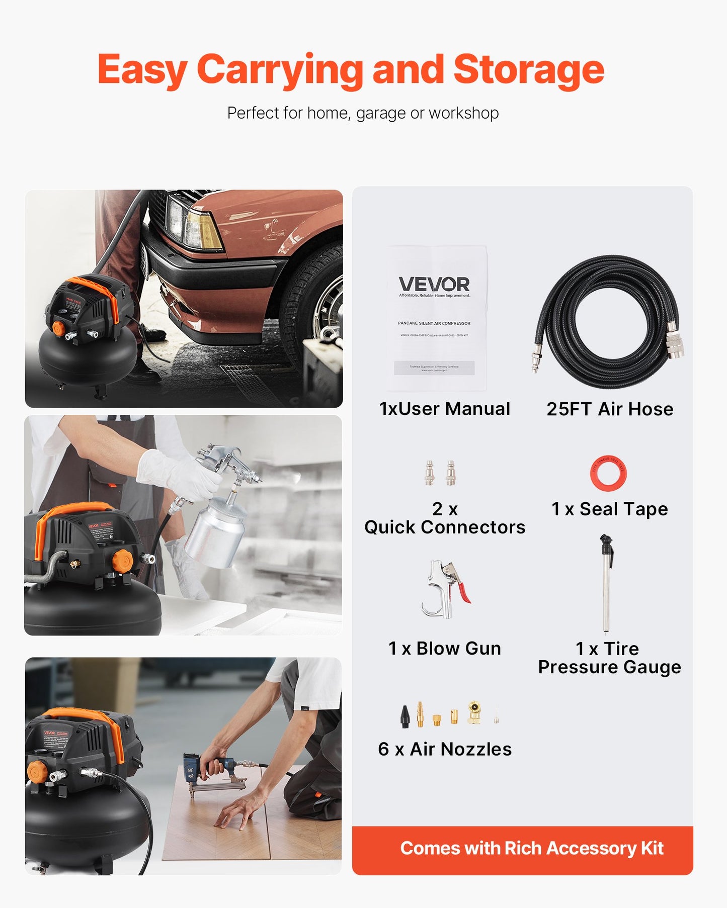 6 Gallon Air Compressor, 1.7HP 2.3CFM@90PSI Portable Pancake Air Compressor & 150PSI Max Pressure, 12-Piece Accessory Kit With 25FT Air Hose For Tire Inflation, Spray Painting, Woodwork Nailing
