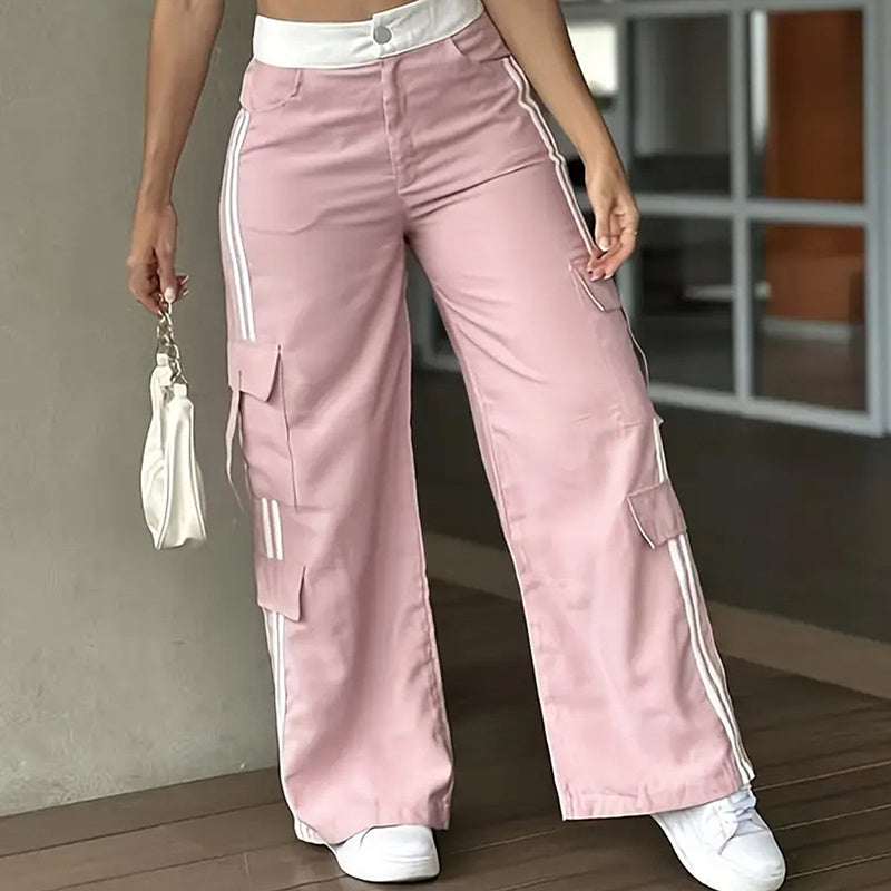 Women's Striped Straight Leg Pants Button Zip With Pocket Casual Trousers For Spring And Fall