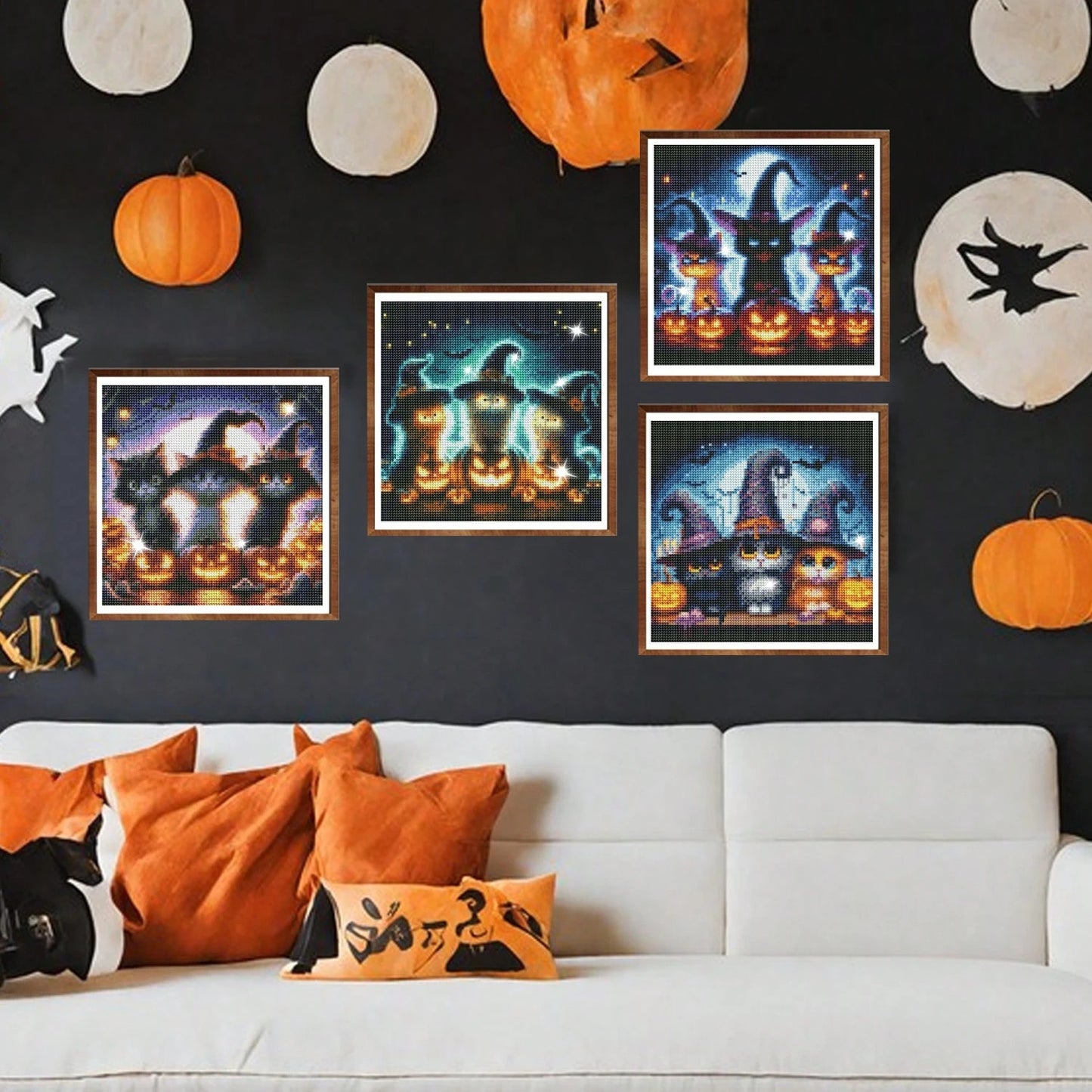 4-Piece Black Cat Diamond Painting Set, Suitable For Adult Beginners, 12x12 Inch Full Drill DIY Cute Cat Gem Art Painting, Gem Dot Craft - Ideal For Home Wall Decor