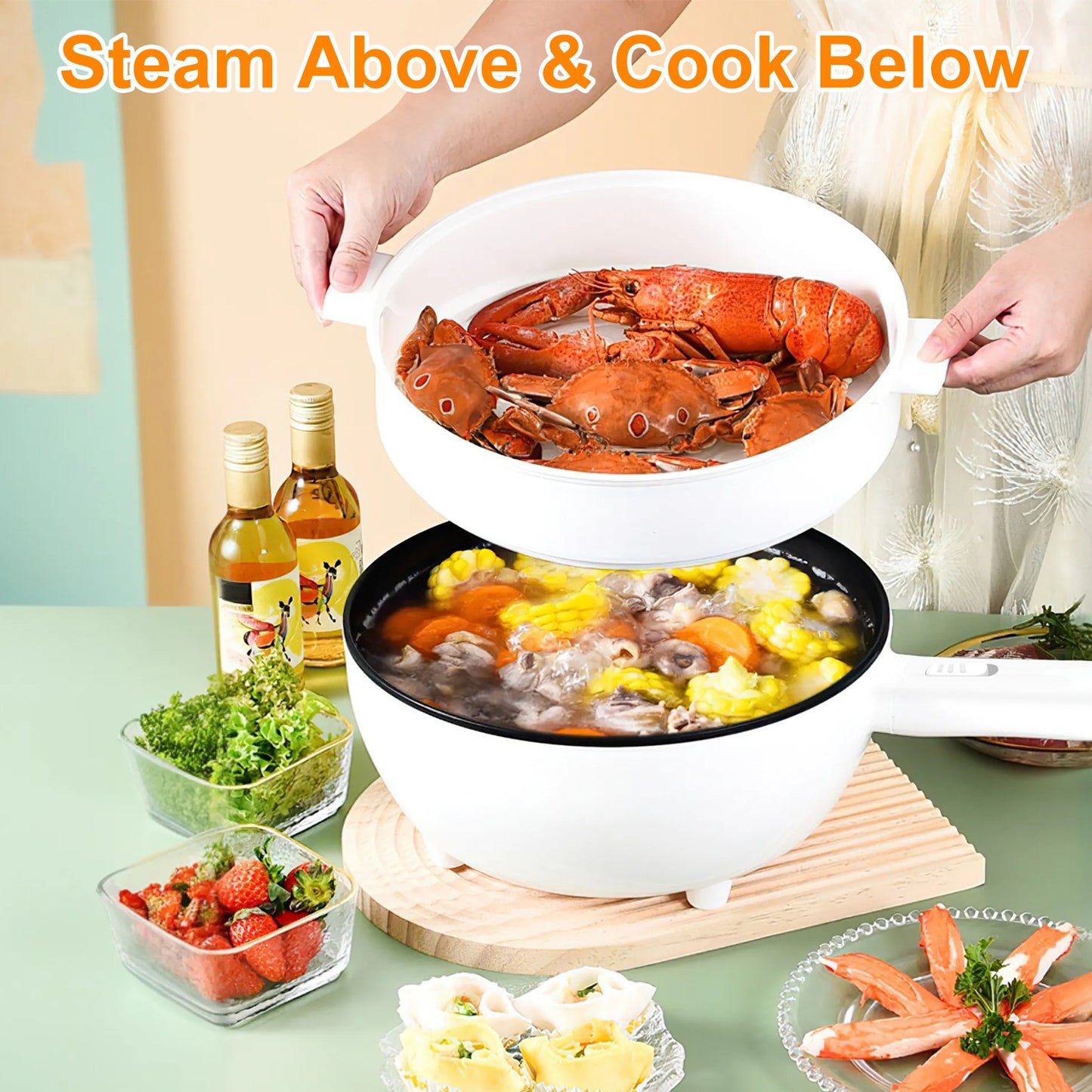 Electric Hot Pot Non-Stick Frying Pan Portable Rapid Noodles Cooker With Long Handle Steamer Spatula Dual Power Control Overheat Dry-Boil Protection For College Dorm Room Essential