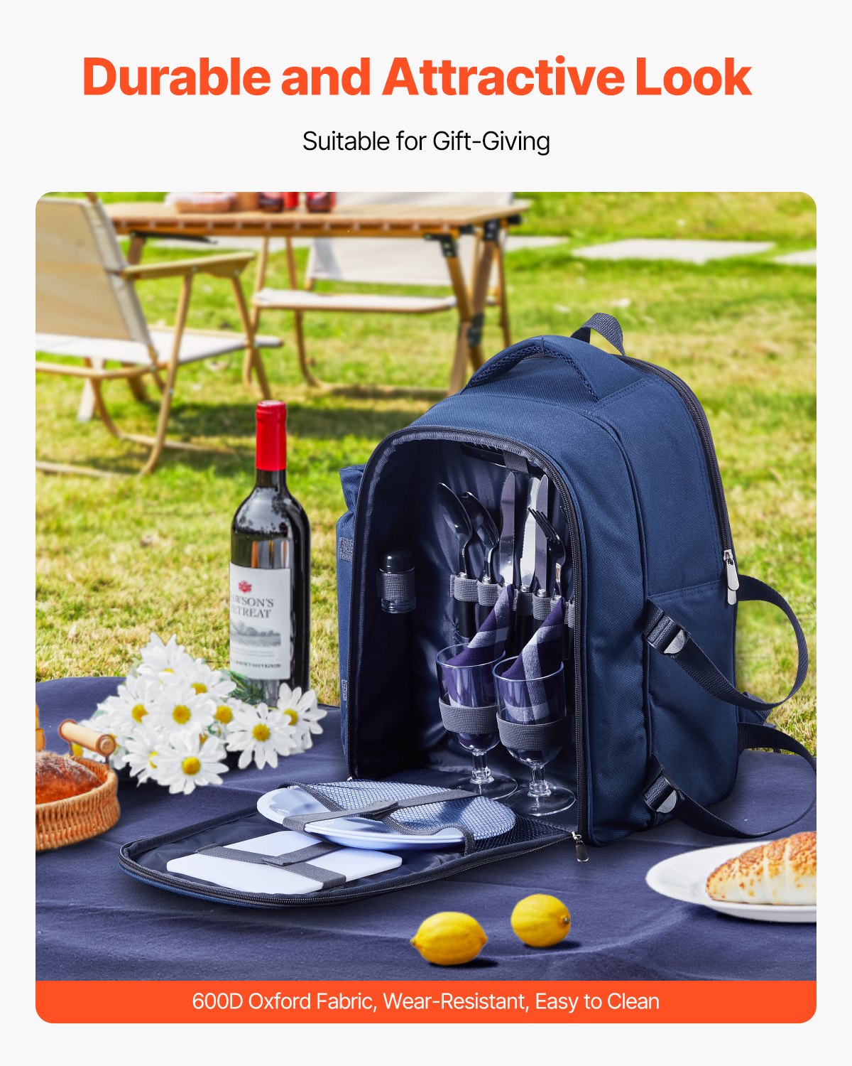 Beach Picnic Backpack Bag For 2 Person With Cooler Compartment Navy Blue