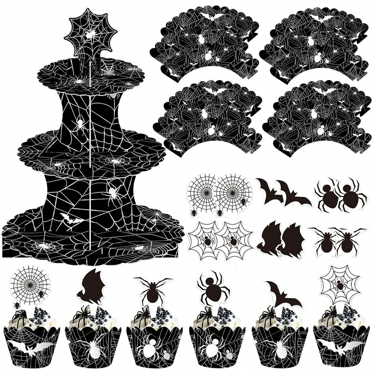 Halloween Three-tier Cupcake Stand, Halloween Dessert Table Display Stand, Black Spider Web Cardboard Cupcake Stand, Comes With Spider And Bat Cupcake Decorations, Cupcake Tray, Suitable For Halloween