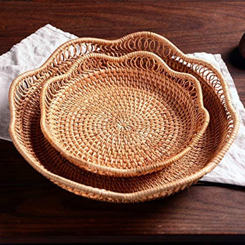 Hand-Woven Rattan Fruit Plate Fruit Bowl Rattan Art Scalloped Basket
