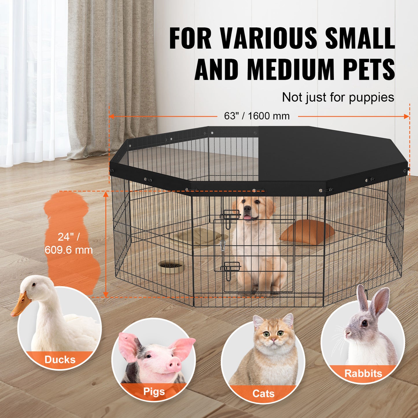 VEVOR Dog Playpen, 8 Panels Foldable Waterproof Pet Playpen Metal Dog Exercise Pen With Top Cover, 24inch H Pet Fence Puppy Crate Kennel With Ground Stakes, Indoor Outdoor Dog Pen For Small Medium Pets, For Camping, Yard
