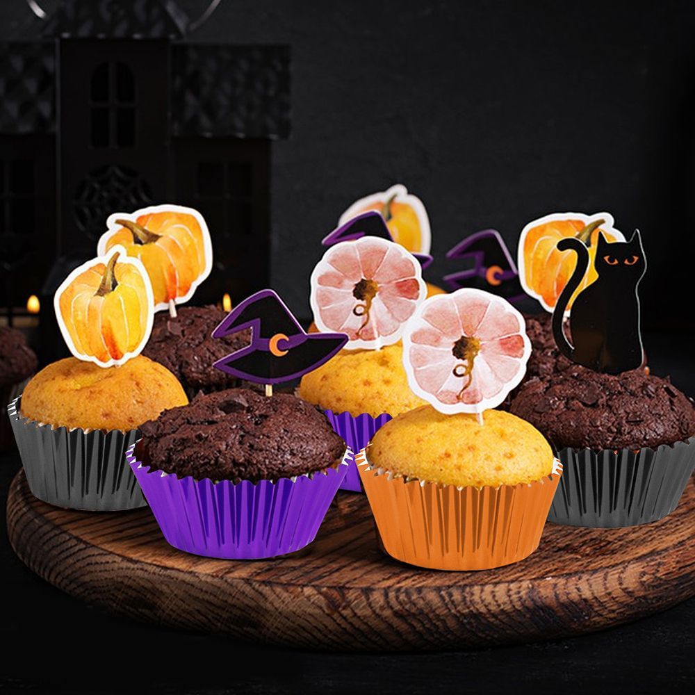 300 Pcs Halloween Foil Cupcake Liners Black Purple Orange Foil Metallic Cupcake Wrappers Halloween Party Standard For Halloween Party Birthday