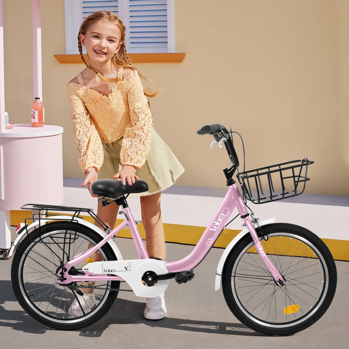 A20182 20 Inch Kids Bike For Boys & Girls, Children's Bicycle With Coaster Brake & V-Brake, 1-Speed, Chain Guard & Rear Rack, Lightweight Steel Frame Pink, Green, Purple, White
