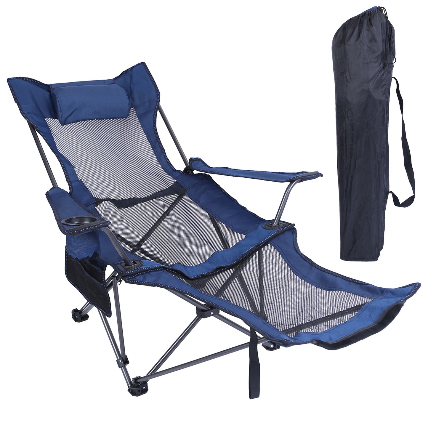 1Pc Foldable Camping Chair 330LBS Load Heavy Duty Steel Lawn Chair Collapsible Chair With Reclining Backrest Angle Cup Holder Pillow Side Pocket Carry Bag