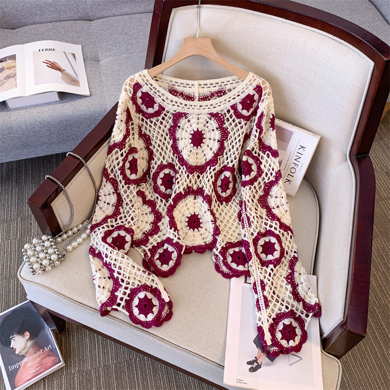Women's Crochet Lace Yoke Sweater, Geometric Pattern Long Sleeve Pullover With Eyelet Embroidered Trim