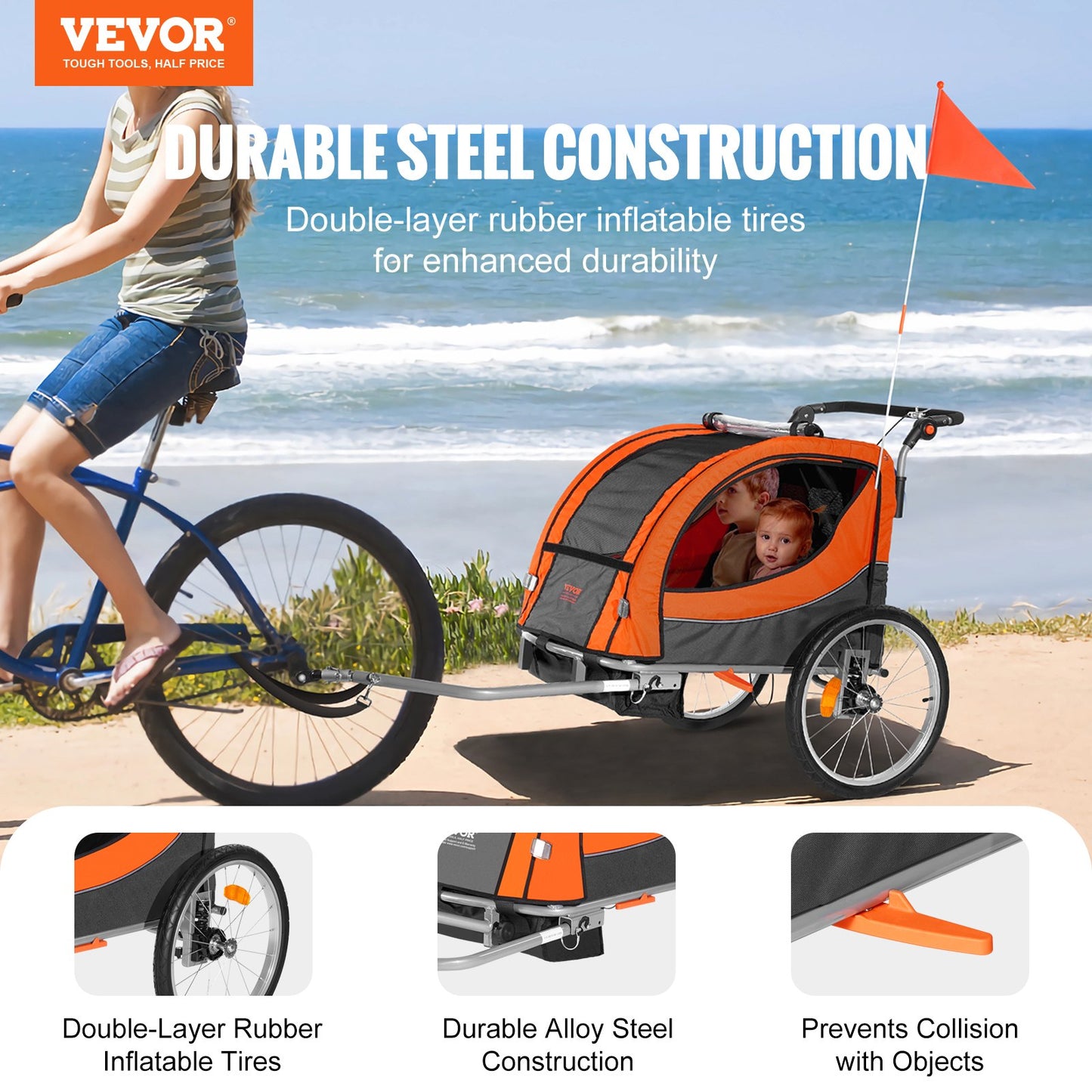 Bike Trailer For Toddlers, Kids, Double Seat, 100 Lbs Load, 2-In-1 Canopy Carrier Converts To Stroller, Tow Behind Foldable Child Bicycle Trailer With Universal Bicycle Coupler, Orange And Gray