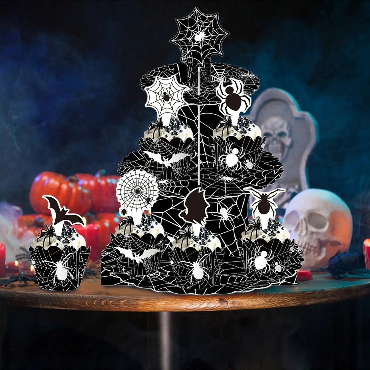 Halloween Three-tier Cupcake Stand, Halloween Dessert Table Display Stand, Black Spider Web Cardboard Cupcake Stand, Comes With Spider And Bat Cupcake Decorations, Cupcake Tray, Suitable For Halloween