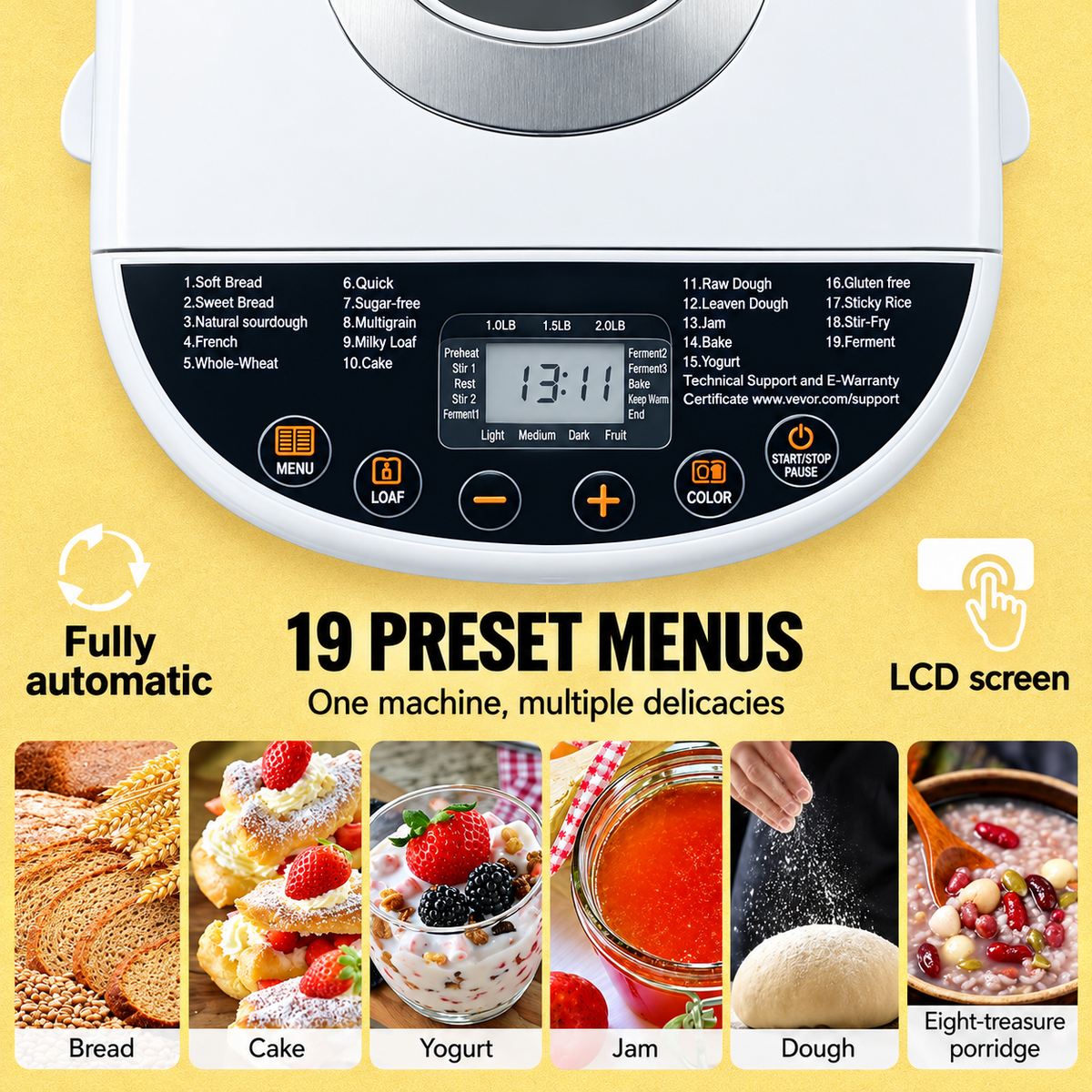 Bread Maker, 19-in-1 2LB Dough Machine, Nonstick Ceramic Pan Automatic Breadmaker With Gluten Free Setting, Whole Wheat Bread Making, Digital, Programmable, 3 Loaf Sizes, 3 Crust Colors, White