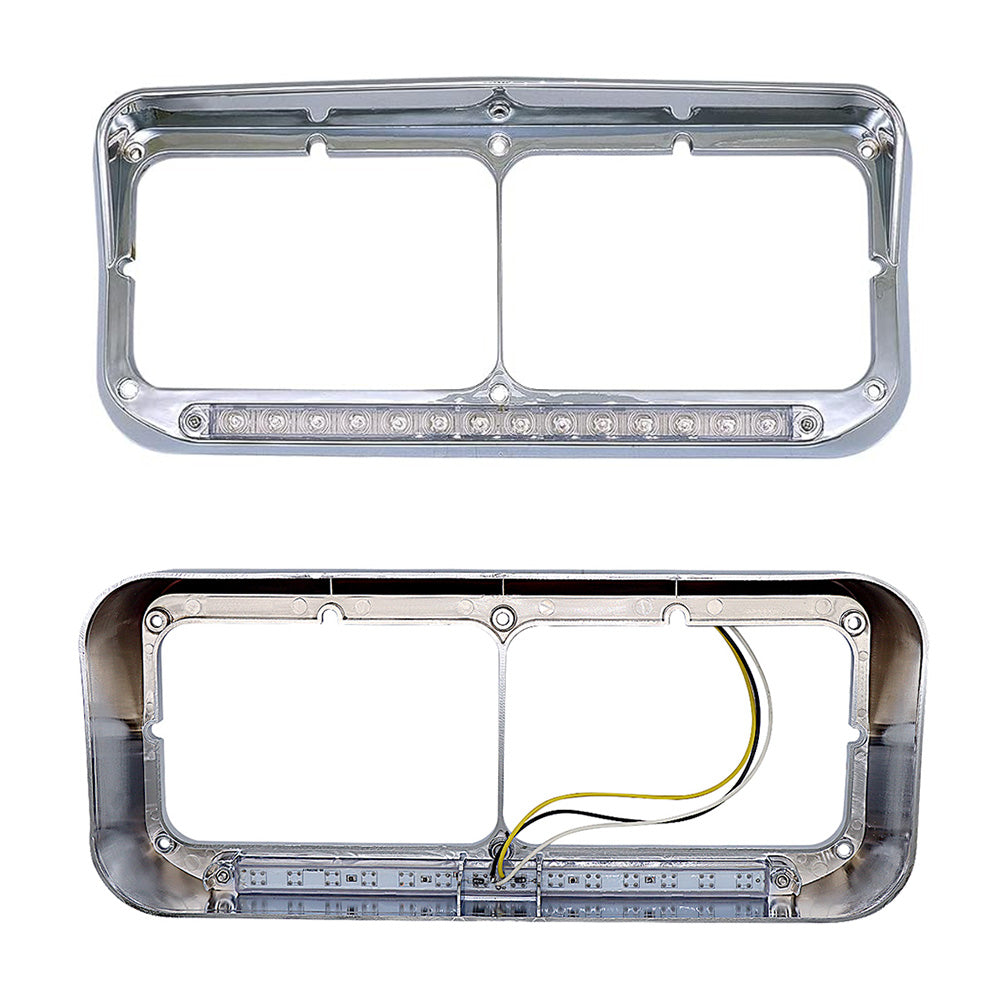 Chrome Rectangular Dual Headlight Bezels With Amber Lens , Amber LED 2Pcs