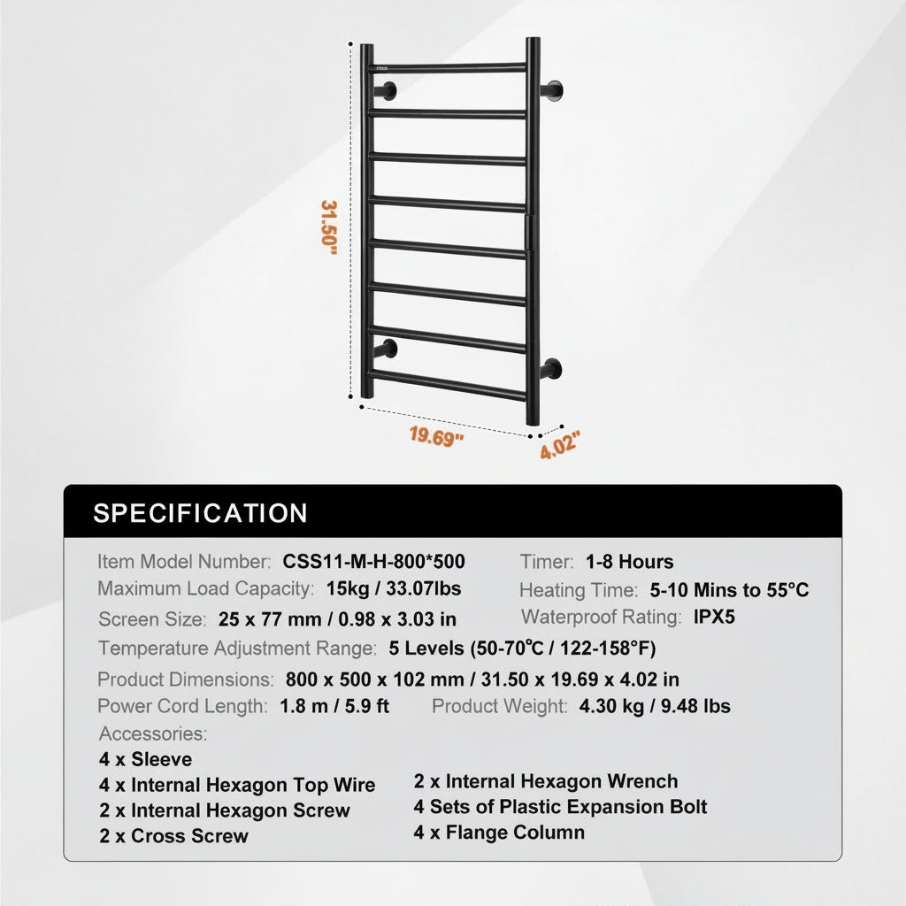 8 Bars Towel Warmer Rack Wall Mounted Heated Towel Rack For Bathroom Black