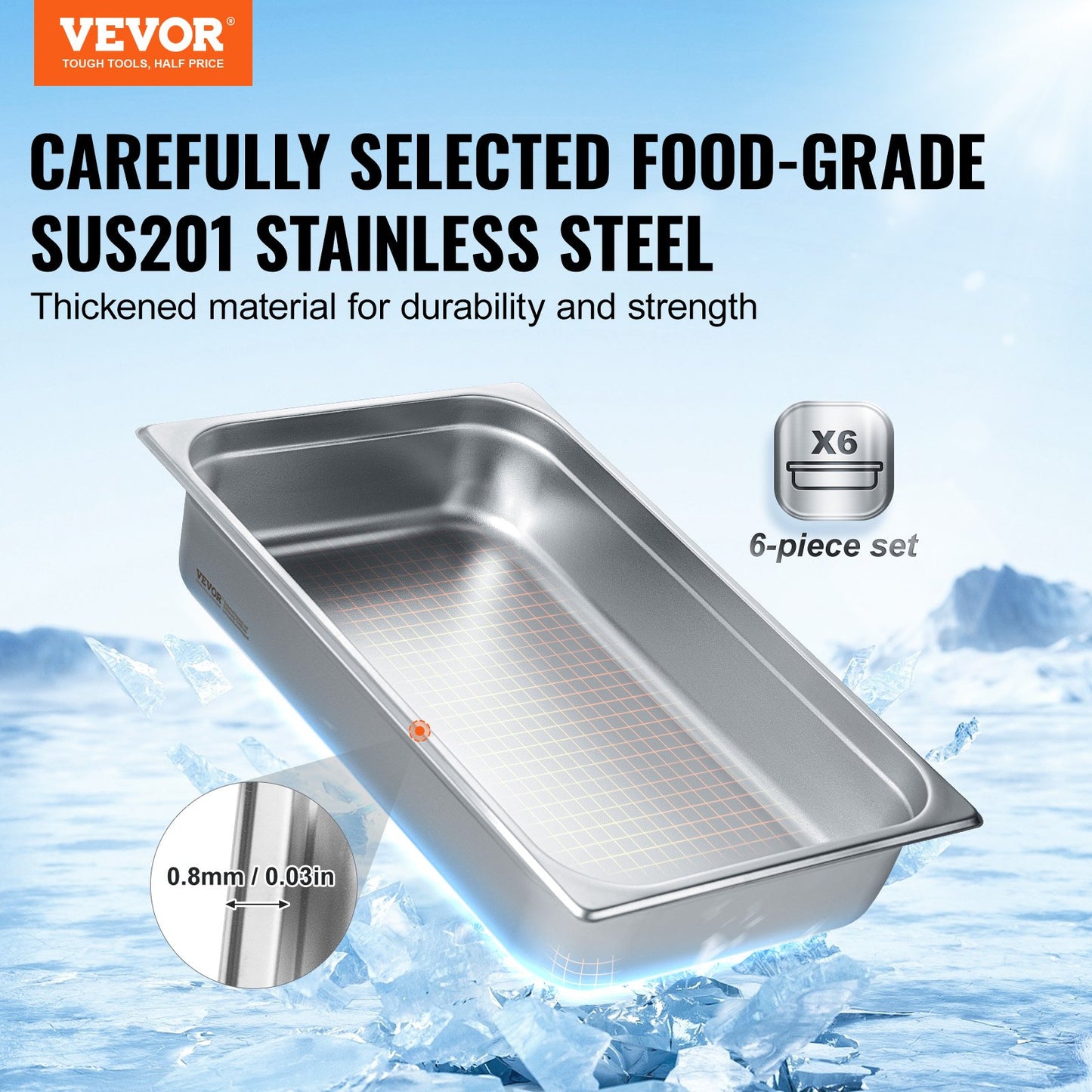 6 Pack Hotel Pans, Full Size Anti-Jam Steam Pan, 0.8mm Thick Stainless Steel Restaurant Steam Table Pan, 4-Inch Deep Commercial Table Pan, Catering Storage Food Pan, For Industrial Scientific