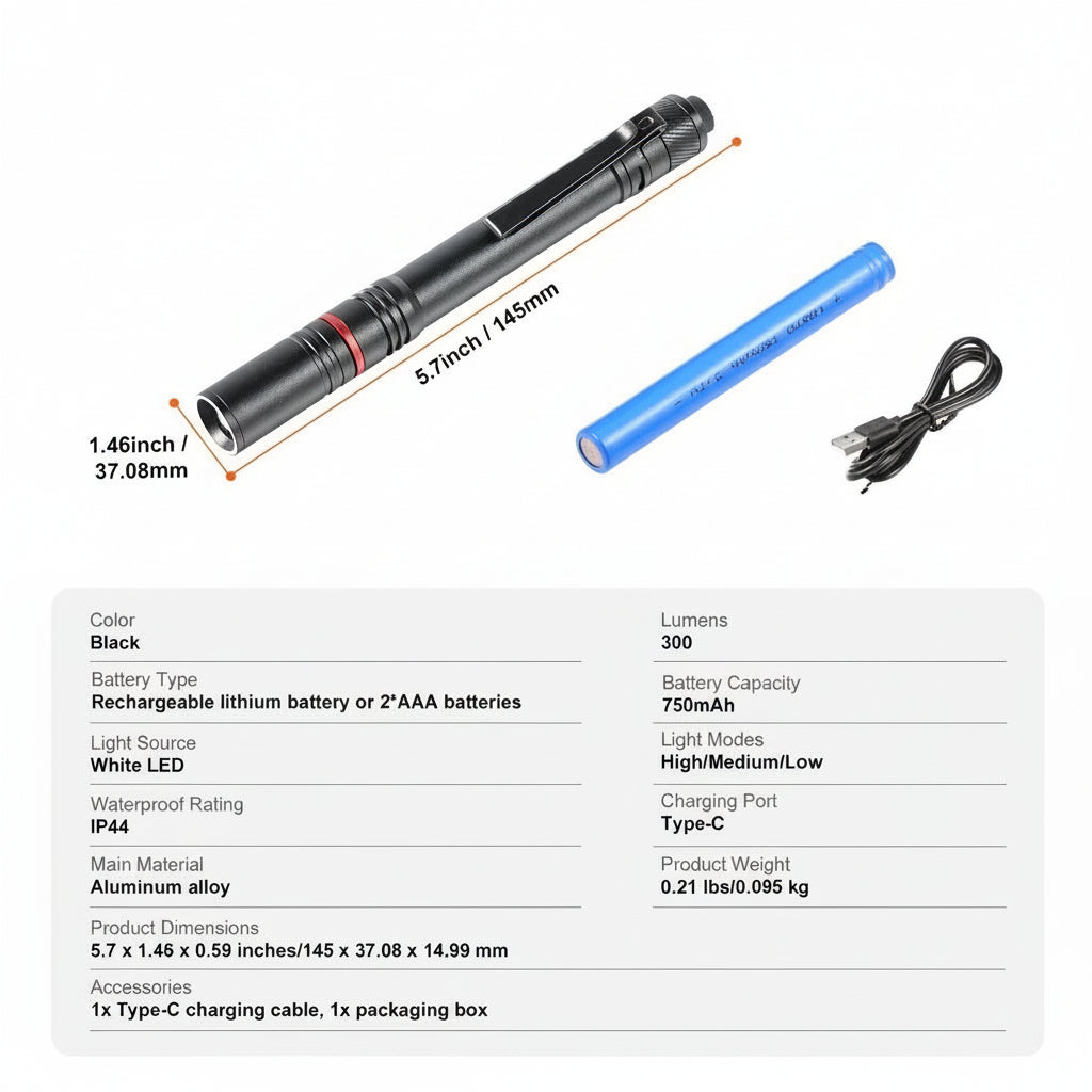 5.9 Inch Rechargeable Penlight 300 Lumens 3 Lighting Modes Pocket Penlight