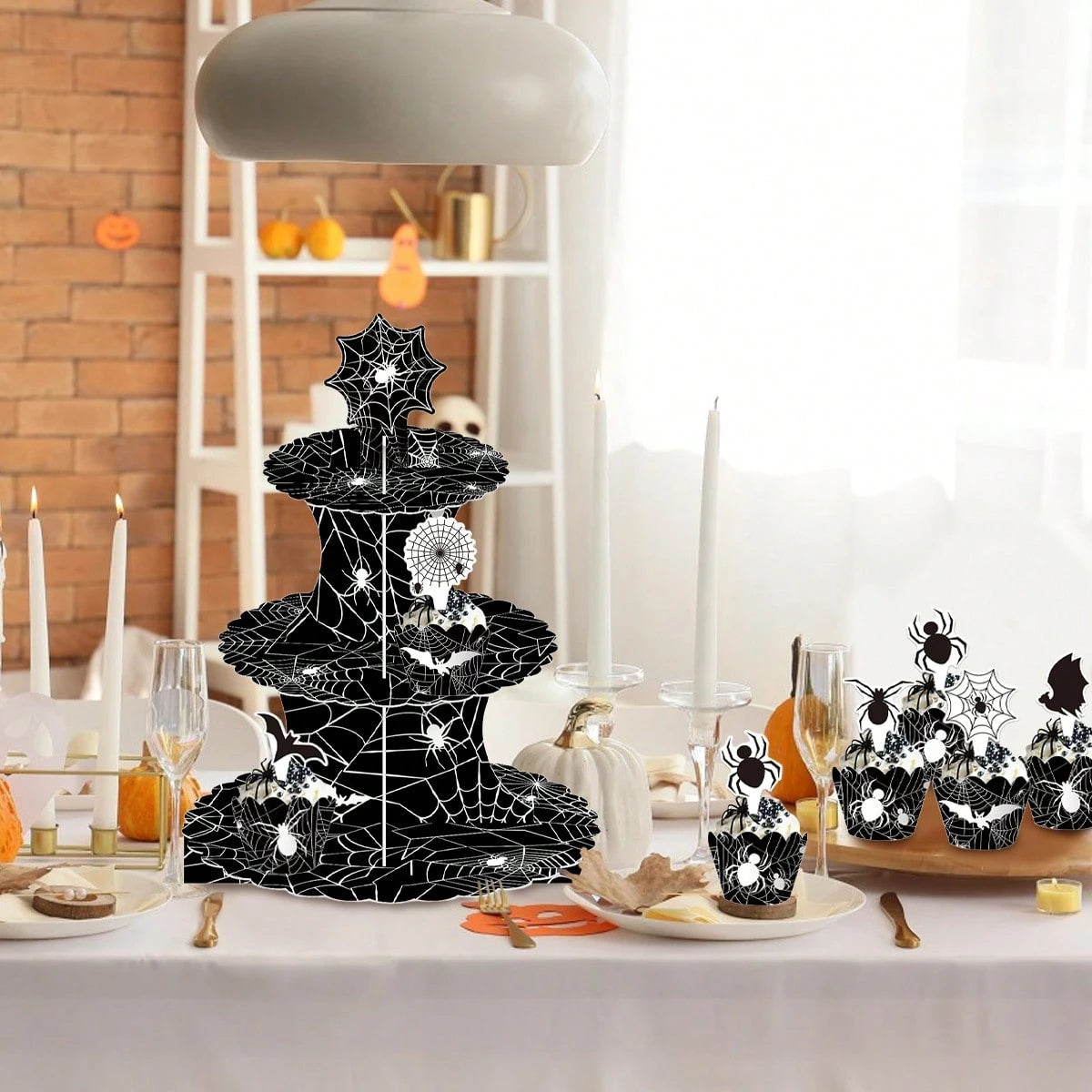 Halloween Three-tier Cupcake Stand, Halloween Dessert Table Display Stand, Black Spider Web Cardboard Cupcake Stand, Comes With Spider And Bat Cupcake Decorations, Cupcake Tray, Suitable For Halloween