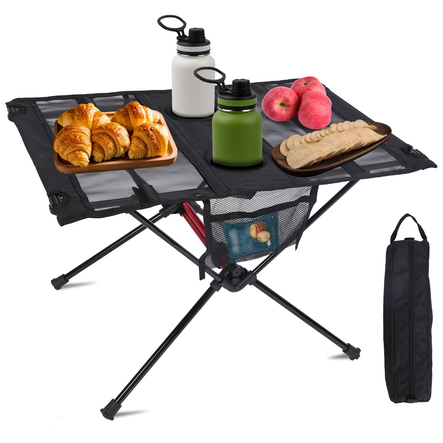 1Pc Portable Folding Camping Table Foldable Beach Table Aluminum Alloy Frame With 2 Cup Holders 2 Side Pockets Carry Bag For Picnic Camping Hiking Beach BBQ